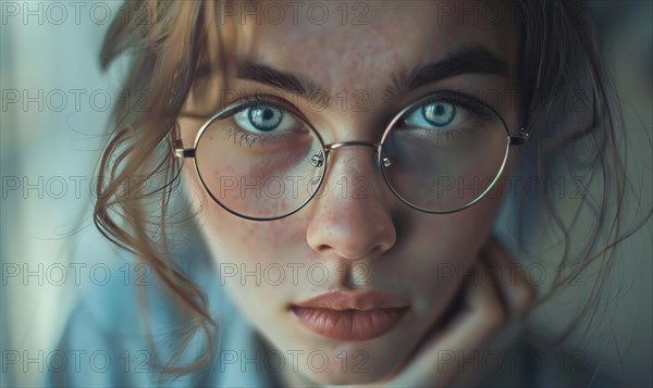 Intense gaze of a young woman with glasses and striking blue eyes in a detailed portrait AI generated