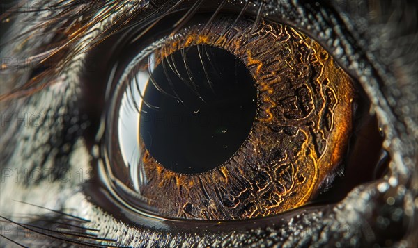 Macro shot of an animal's eye with blue hue surrounded by eyelashes. AI generatedSharp detailed close-up of an eagle's eye with prominent black pupil. AI generated