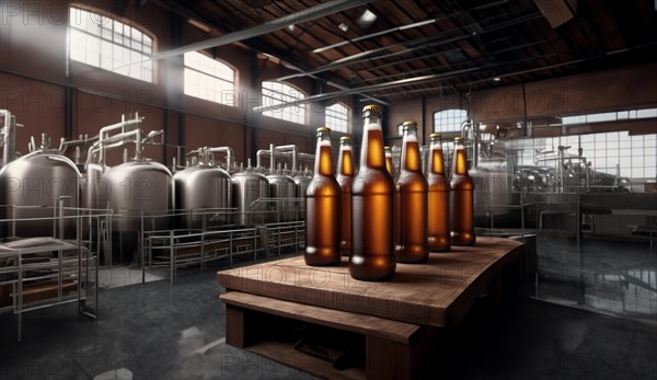 Beer production at the factory, conveyor belt with bottles of beer, AI generated