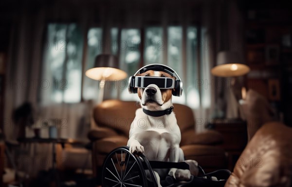 Dog in a wheelchair, pet rehabilitation in technological virtual reality glasses, blind dog, AI generated