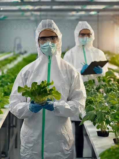 Biologists in protective suits grow vegetables in the lab, the concept of biotechnology, plant care and protection against diseases, organic food production, AI generated, AI generated