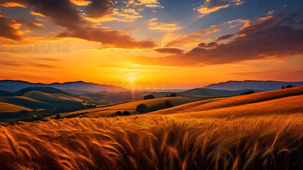 Golden wheat field under a vibrant summer sunset, AI generated