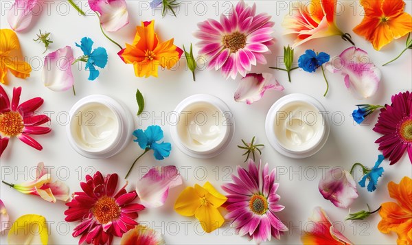 Three creme jar blank mockups nestled amidst delicate flower petals on a white background AI generated