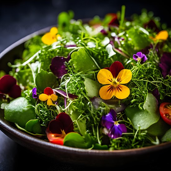 Salad adorned with microgreens and edible flowers, AI generated