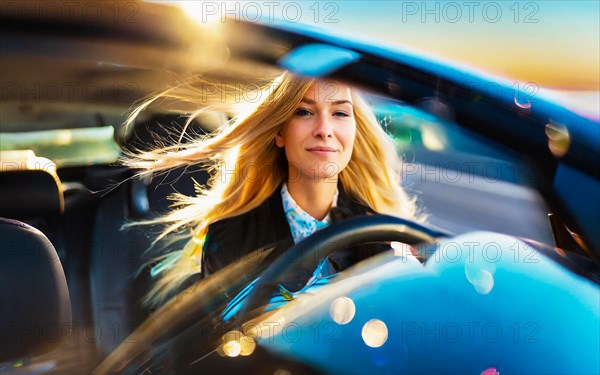 Blonde young woman driving open-top in blue convertible with waving hair, AI generated, AI generated