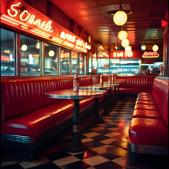 90s themed diner interior checkered flooring gleams under the glow of retro neon lights, AI generated
