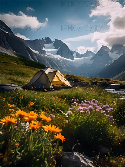 Alpine meadow campsite with wildflowers in full bloom, AI generated