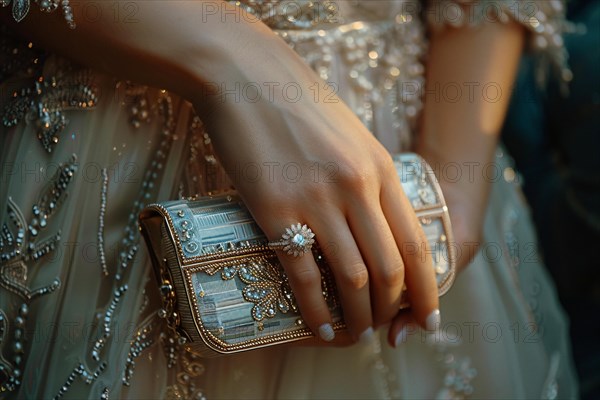 Detail of an opulent dress and embellished handbag signifying luxury and elegance, AI generated