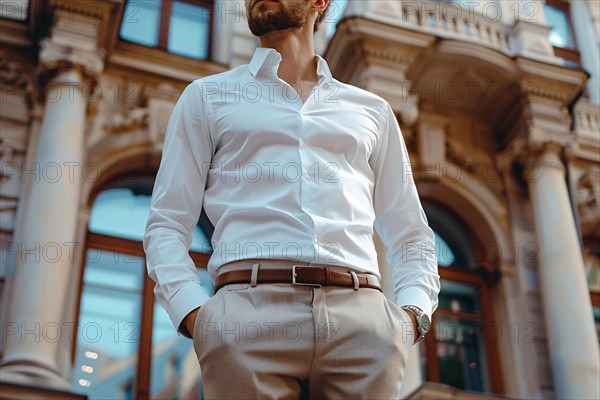 Man in a sharp white shirt stands in front of a historical city building, exuding confidence, AI generated