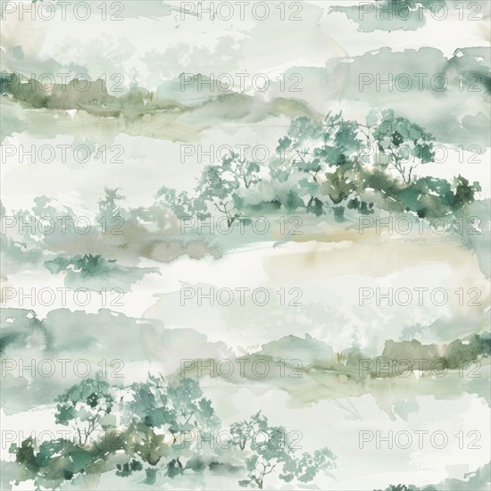 Landscape watercolor pattern with serene scenery and soft tones, abstract nature background, seamless pattern AI generated