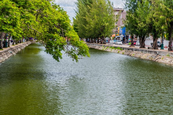 Canal water reflects the surrounding urban greenery and sky with tree branches overhanging, in Chiang Mai, Thailand, Asia