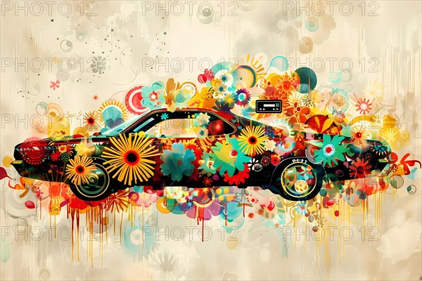 Vibrant abstract graffiti art on a car silhouette with colorful floral designs and splatter effects, illustration, AI generated