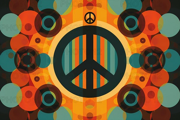 Abstract design with a prominent peace symbol amid warm, retro-styled circular patterns, illustration, AI generated