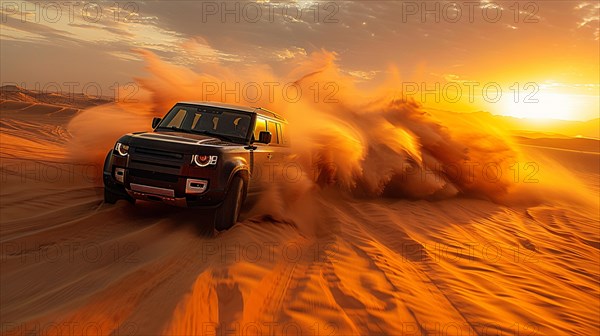 An SUV racing across sand dunes in the desert with dust clouds at dusk, AI generated