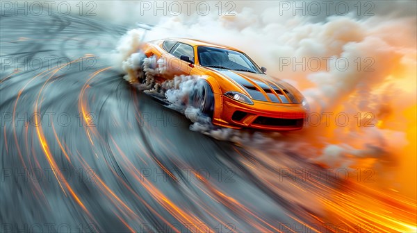 Orange sports car in motion with fire and smoke trailing behind, lots of smoke, dynamic scene, AI generated