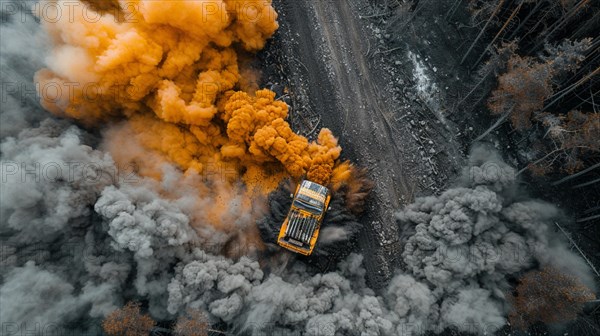 Overhead drone aerial shot of an SUV emitting a large cloud of orange and grey burnt smoke on a forest road, AI generated