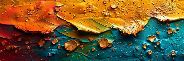 Vibrant abstract art with red, orange, and blue hues and glossy water droplets, banner 3:1 wide style, horizontal aspect ratio, AI generated