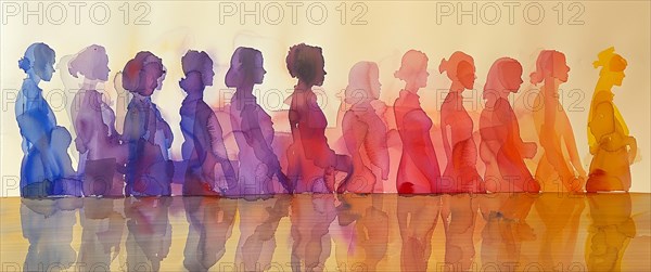 Silhouettes of women walking, showing a color gradient transition from red to purple with reflections on the surface, banner 3:1 wide style, horizontal aspect ratio, AI generated
