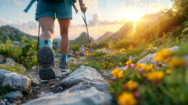 Hiker navigating a rocky trail with the warm light of the setting sun caressing the landscape, AI generated