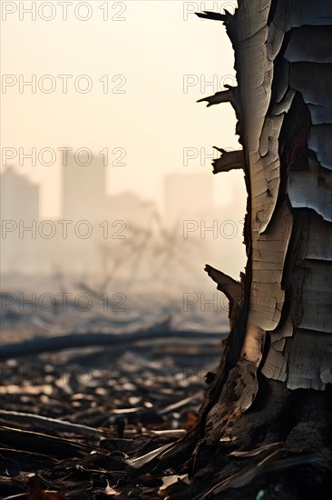 Tree barks texture cracked and dry juxtaposed with a faint city silhouette indicating climate change, AI generated