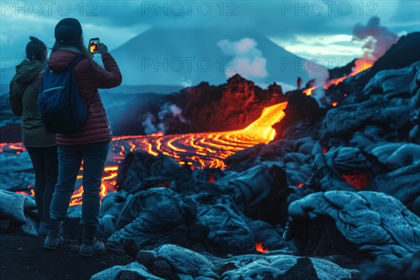 Tourists, onlookers photograph a spectacular volcanic landscape with liquid, partially cooled lava flows with their smartphones, symbolic image for volcano tourism, disaster tourism, travel trends and the associated dangers, AI generated, AI generated, AI generated