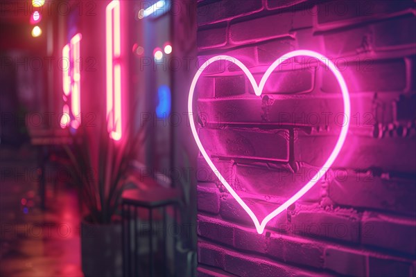 Pink heart shaped neon sign on wall. KI generiert, generiert, AI generated