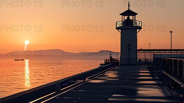 Seaports control tower at sunrise emphasizing its role in overseeing, AI generated