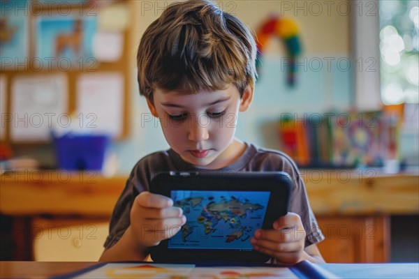 A pre-school boy sits in the classroom and looks with interest at a digital tablet, symbol image, digital teaching, learning environment, media skills, eLearning, media education, AI generated, AI generated, AI generated
