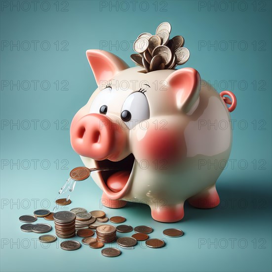 A piggy bank into which coins are inserted spits out coins. Symbol photo saving, saver, money, finance, monetary policy, saving, AI generated, AI generated