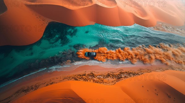 SUV speeding along the meeting point of desert dunes and turquoise sea, action sports photography, AI generated