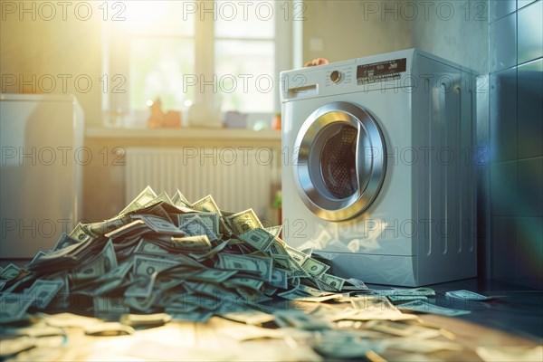 A mountain of banknotes lying in front of a washing machine, symbolising money laundering, illegally generated money, AI generated, AI generated, AI generated