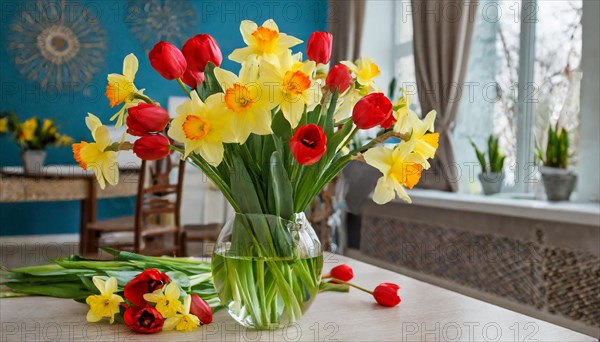 A large bouquet of yellow daffodils and red tulips in a vase stands on the table in the flat, AI generated, AI generated