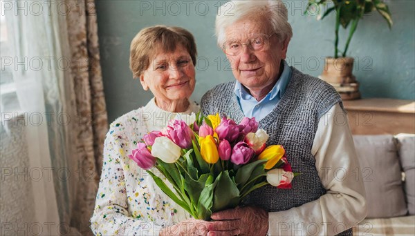 A smiling elderly couple with a bouquet of colourful tulips stands in a cosy room, AI generated, AI generated