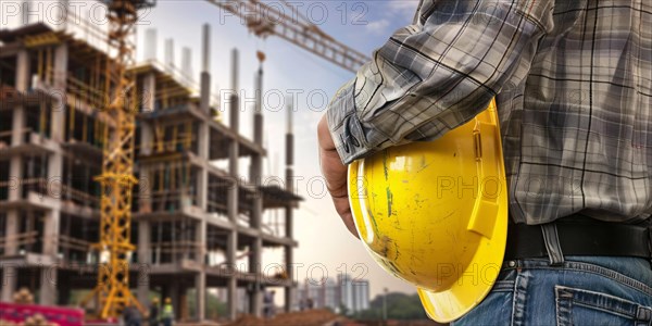 Banner with construction worker holding yellow safety helmet with construction site with building in blurry backgroundClose up of construction worker holding yelow safety helmet with constrcution site with building in blurry background. KI generiert, generiert, AI generated