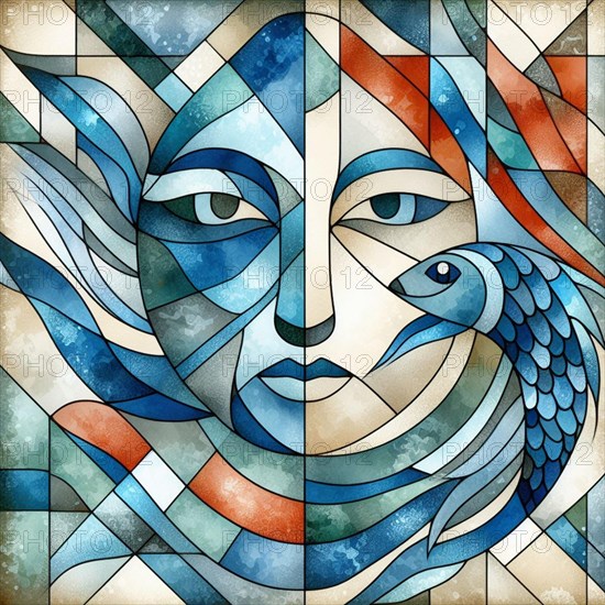 Intricate abstract of a fish and woman's face with geometric watercolor patterns, square aspect, AI generated