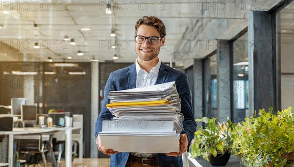Happy man in an office carrying a stack of documents and smiling, symbol bureaucracy, AI generated, AI generated