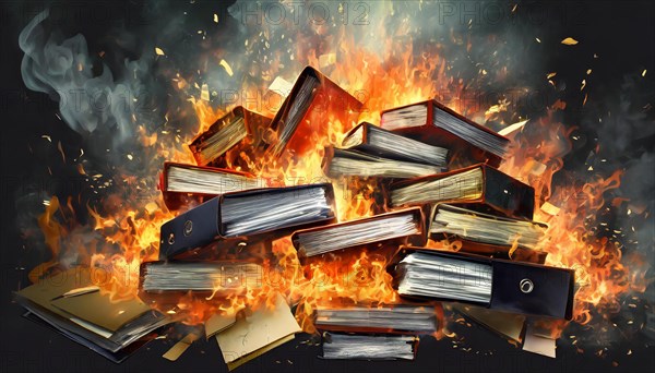 Burning books in an illustration, the fire glows brightly and conveys heat, symbol bureaucracy, AI generated, AI generated