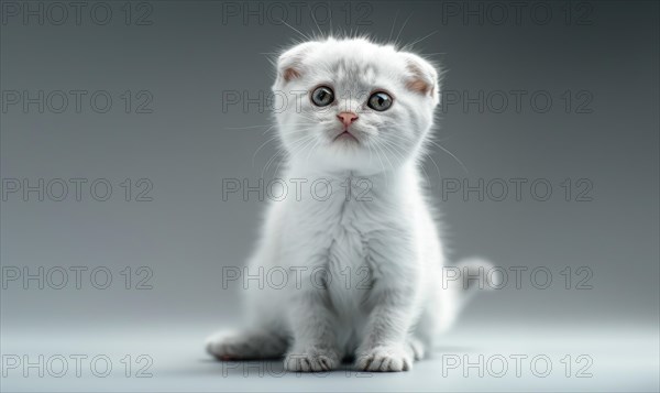 A grey kitten with blue eyes stands attentively against a light studio background AI generated