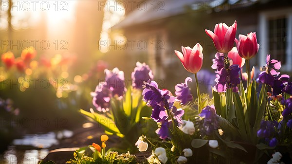 Traditional cottage garden with spring flowers tulips hyacinths pansies in warm morning light, AI generated