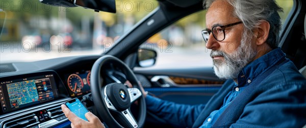 Man inside a luxury car interacting with big infotainment touchscreen dashboard and his smartphone, AI generated