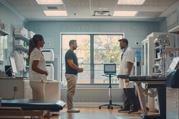 Two healthcare professionals engaged in a conversation in a clinic with equipment, AI generated