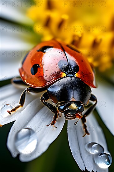 Ladybug ascends daisy petal embodying, AI generated