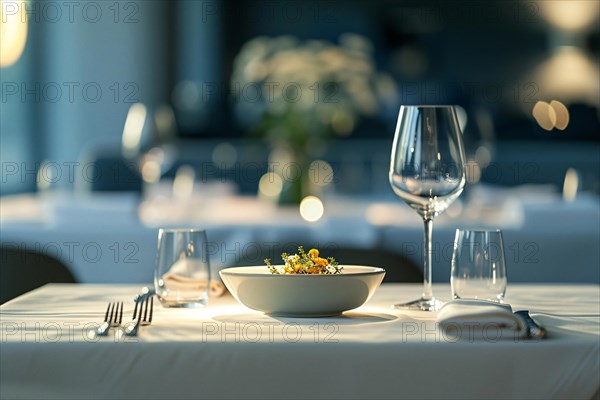 An elegantly set dining table with a focus on a well-presented dish, soft lighting, and bokeh, AI generated