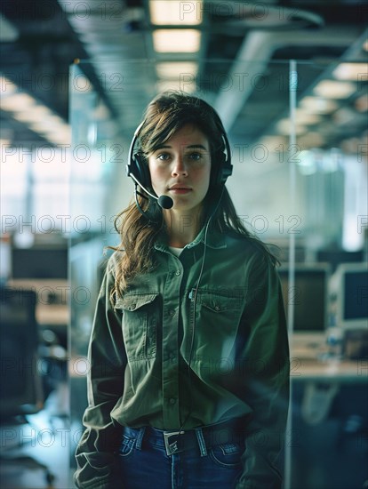 Focused young woman wearing a headset in a modern office setting with teal ambient lighting, AI generated