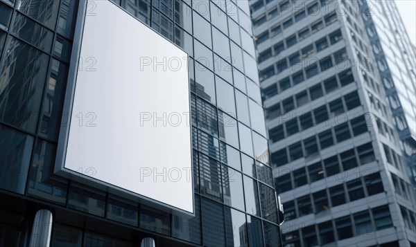 Blank screen banner mockup displayed on the modern building facade. Close Up view AI generated