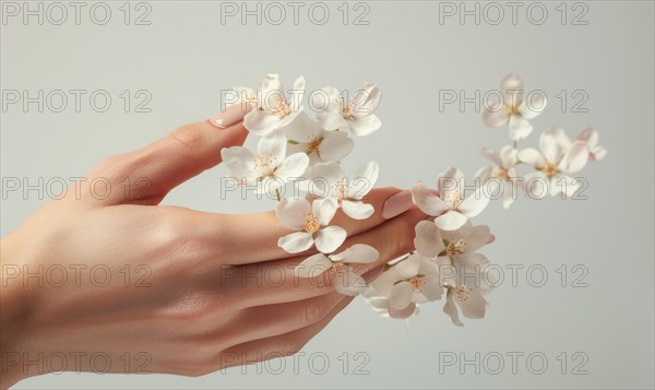 Close-up of a woman's hand with a neutral manicure, adorned with delicate flower petals AI generated