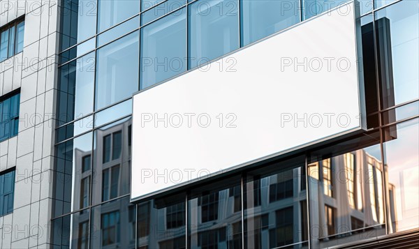 Blank screen banner mockup displayed on the modern building facade. Close Up view AI generated