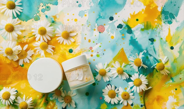 Cosmetic jar blank mockup placed on a serene watercolor chamomile background AI generated