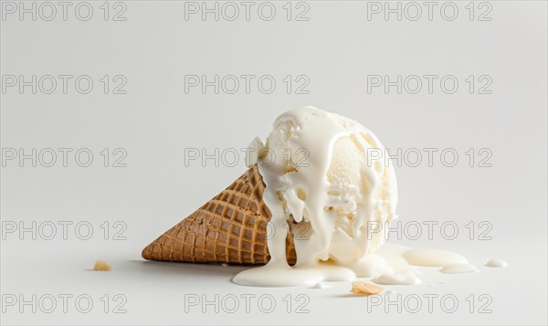 Melting ice cream cone on white background AI generated