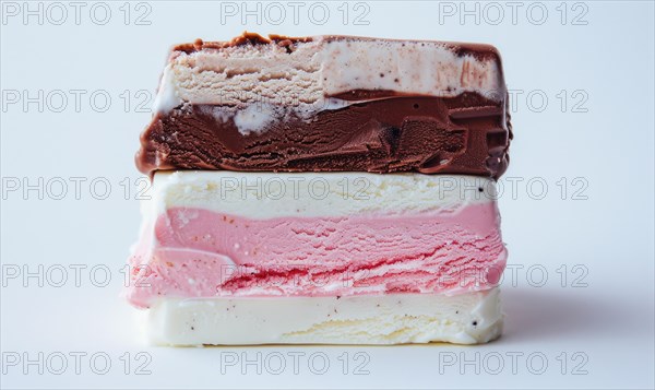 Three-color ice cream slices on white background AI generated